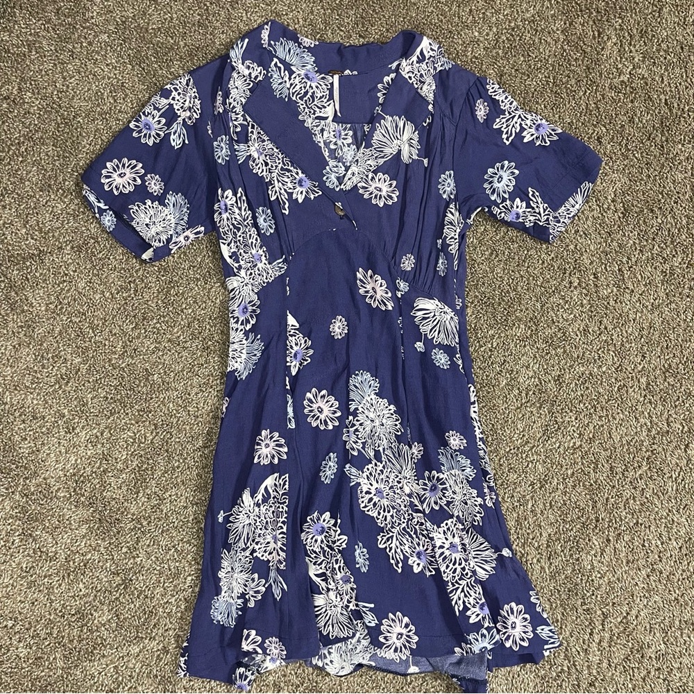 Free People Blue Hawaii Floral Print Short Sleeve Collared Mini Dress Size XS